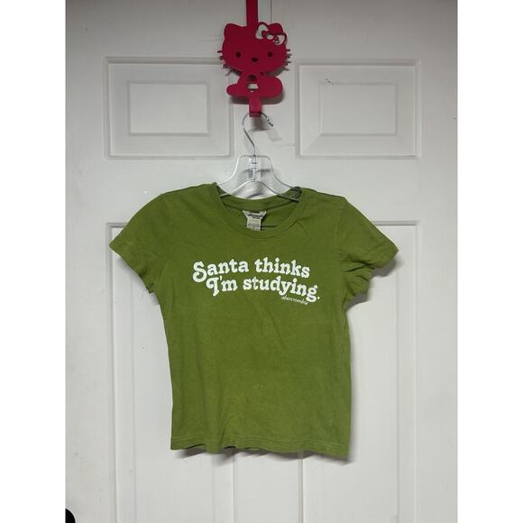 Y2K Abercrombie Graphic Baby Tee Sm Green Santa Thinks I’m Studying Christmas - Picture 1 of 7